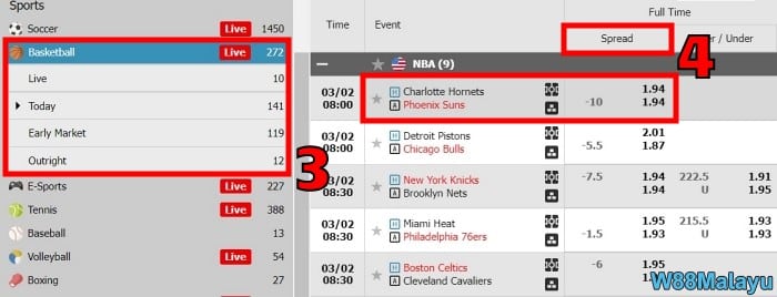 W88 spread betting in basketball online