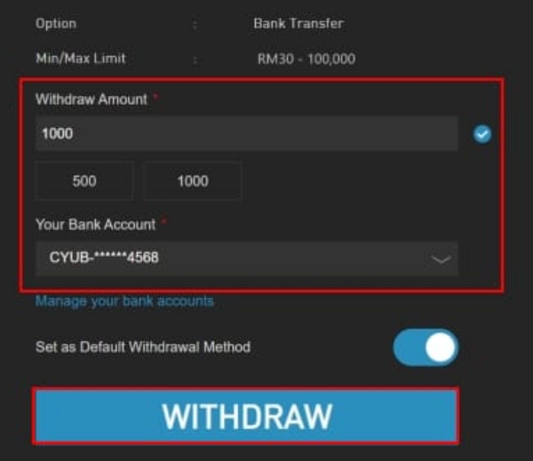 w88 withdrawal malaysia minimum RM30 via local bank transfer with 15 minutes